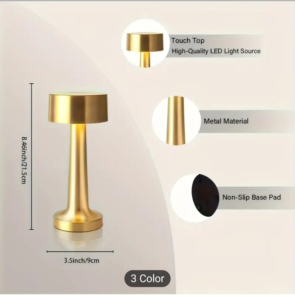 Cordless LED Gold Desk Lamp Touch Control Rechargeable 3 Color Temps Metal Base